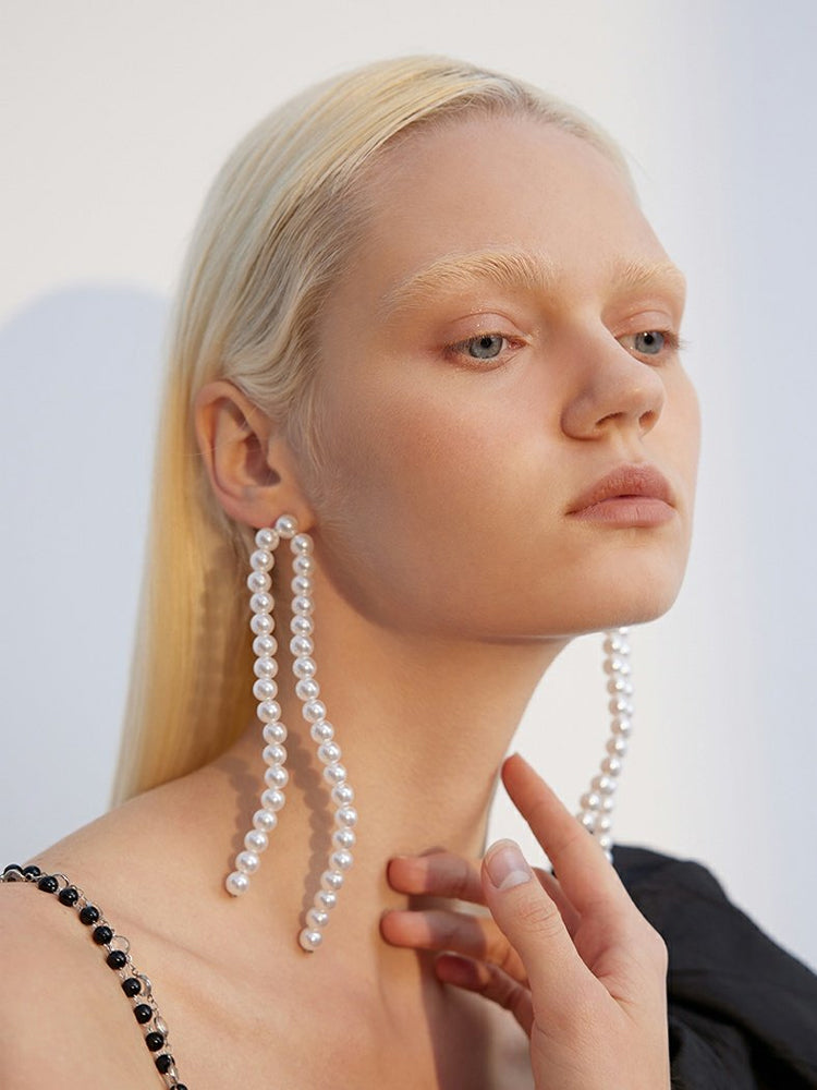 FN Faux Pearl Long Drop Slim Earrings LOJS122