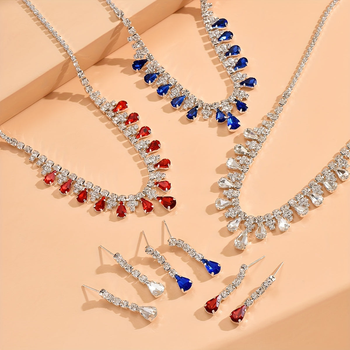 3 colors Elegant Rhinestone Wedding Jewelry Set - Silver Plated Necklace and Earrings with Royal Blue, Red, and White Stones