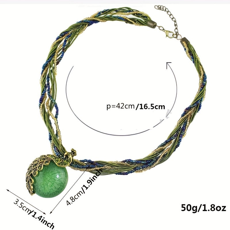 Bohemian Ethnic Style Retro Leaf Peacock Gemstone Pendant Necklace For Women Girls