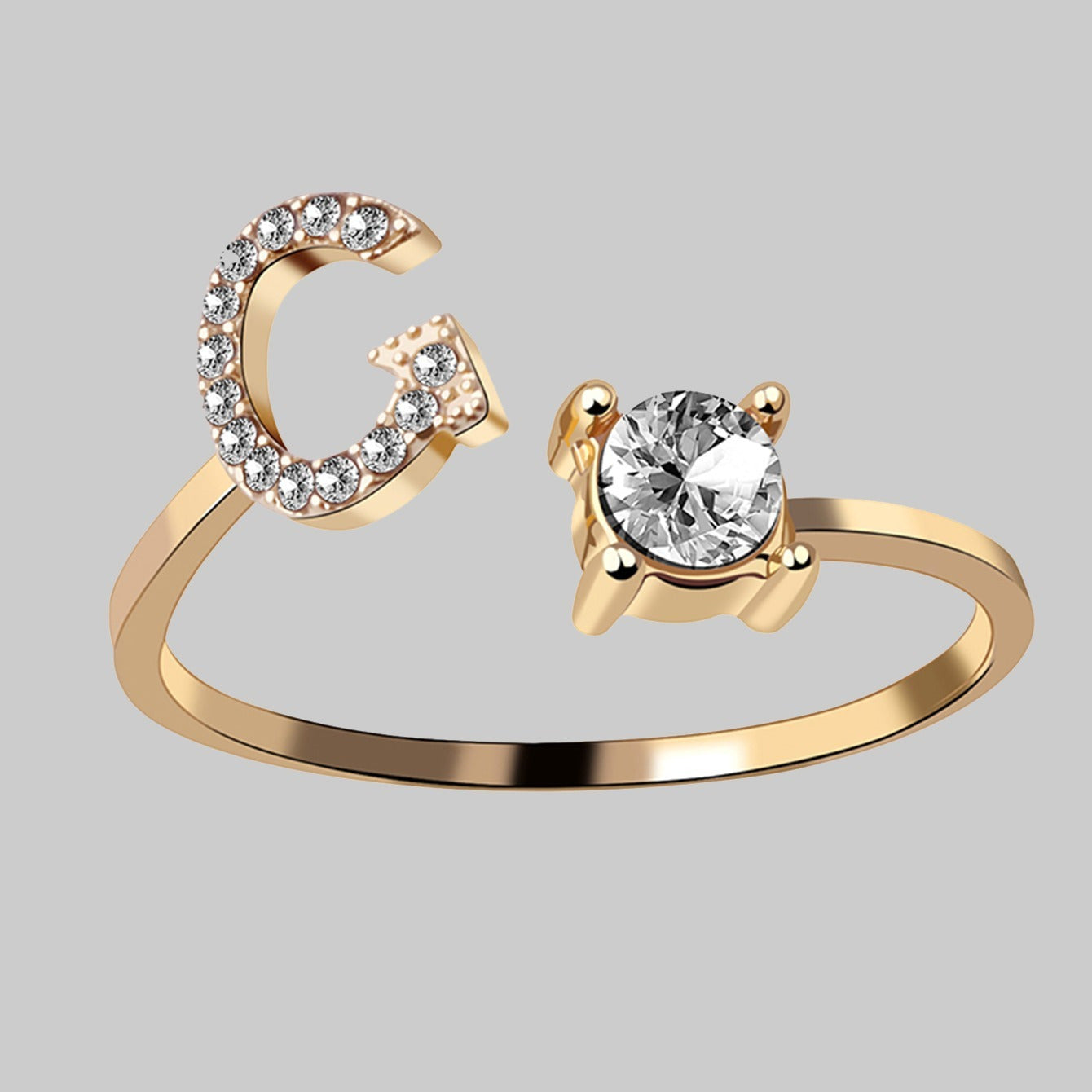 Shine Bright with Our Golden Zircon and Rhinestone Studded 26 Letters Open Adjustable Ring - Perfect Gift for Women