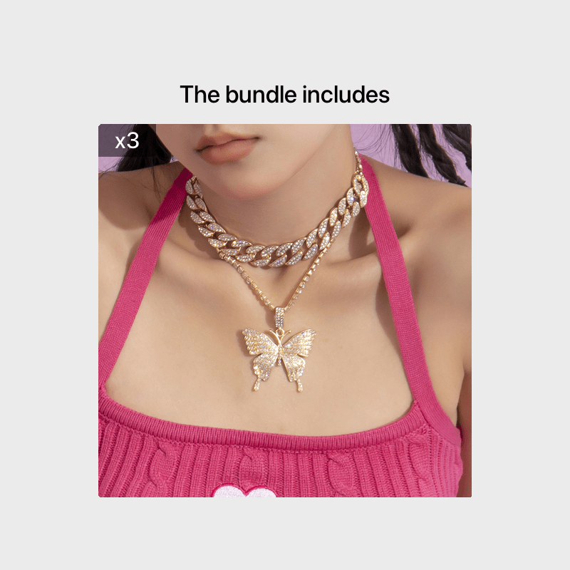Elevate Your Style with These Vintage Fashion Pieces: 2 Pieces Gorgeous Shiny Cuban Buckle Neck Chain & Simple Butterfly Pendant Set