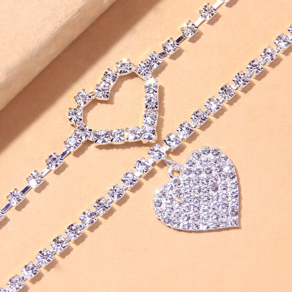 Sparkle on Your Special Day with Heart-Shaped Tennis Anklet Set - Full of Shiny Rhinestones, 2-Piece Set for Weddings and More!