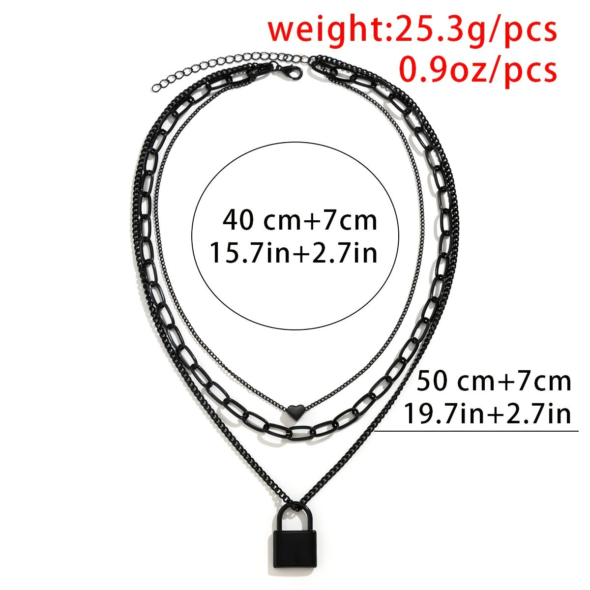 Punk-Style 1-Pc Three-Layer Chain Necklace with Heart & Lock Pendant - Adjustable for Clavicle - Black Leather Cord