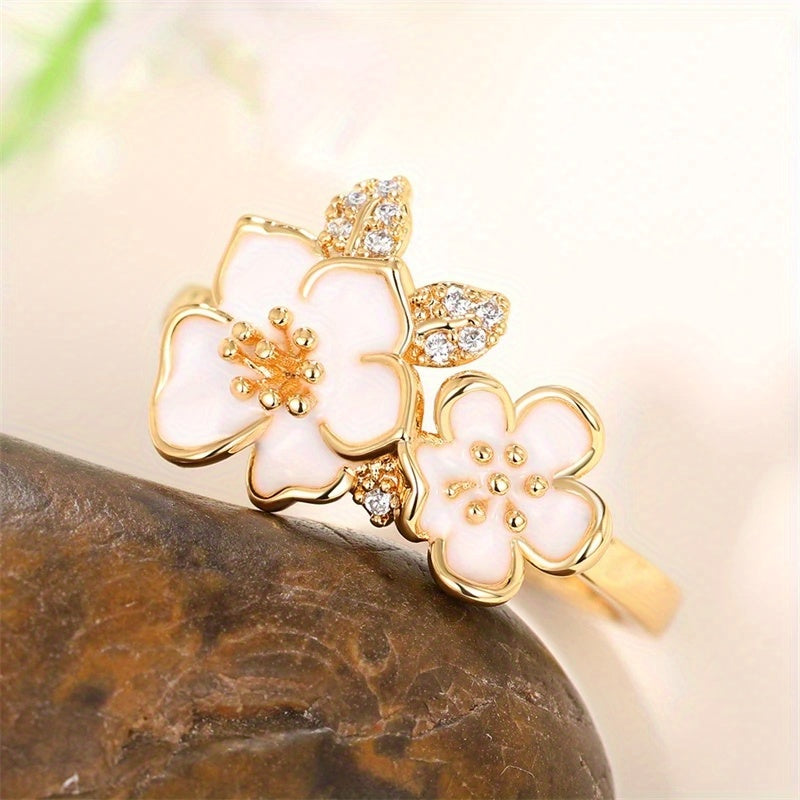 Trendy Flower Ring Inlaid Zircon 18k Gold Plated Cute Decor For Female Engagement Wedding Jewelry Evening Party Decor