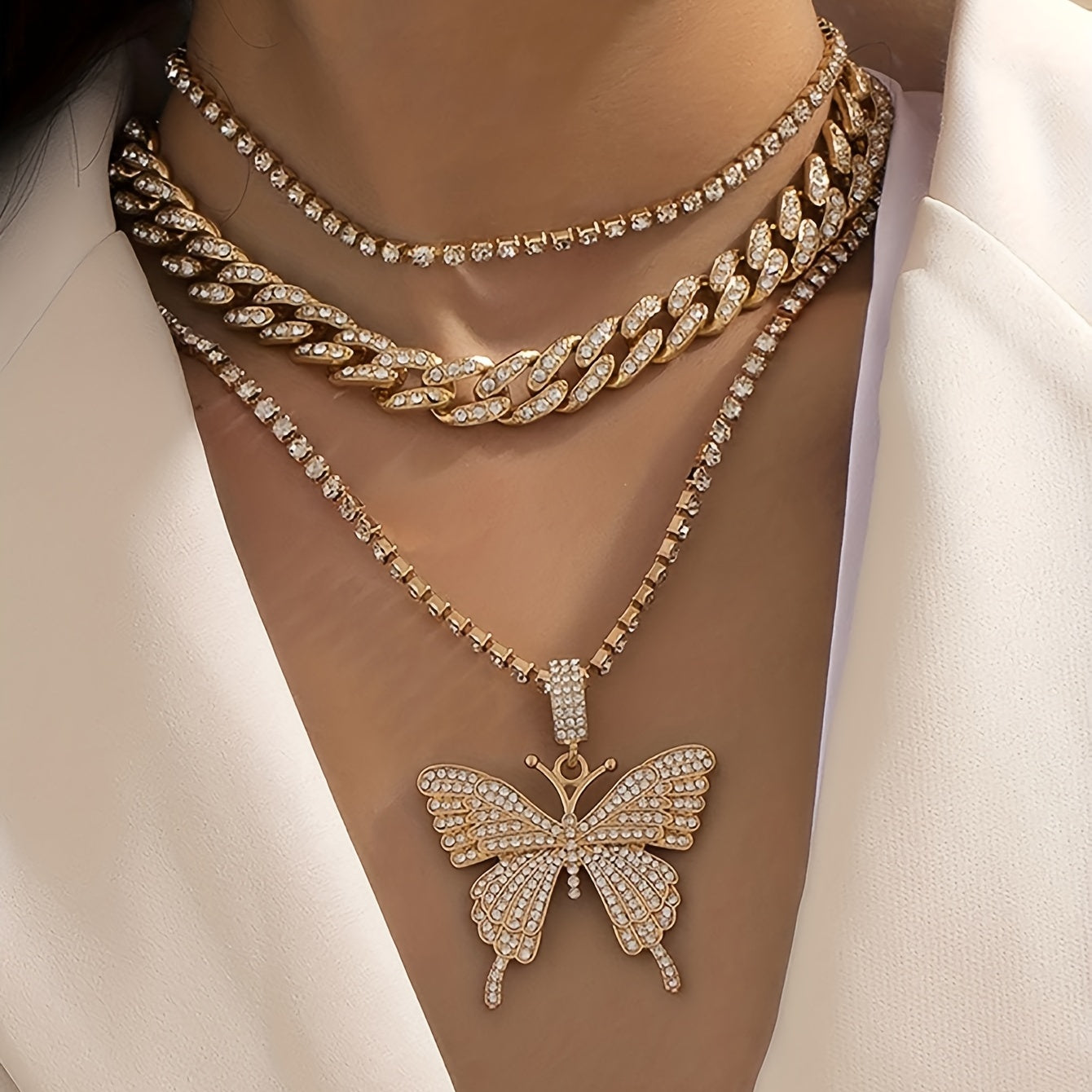 3pcs Vintage Exaggerated Butterfly Rhinestones Cuban Chain Set Adjustable Necklace