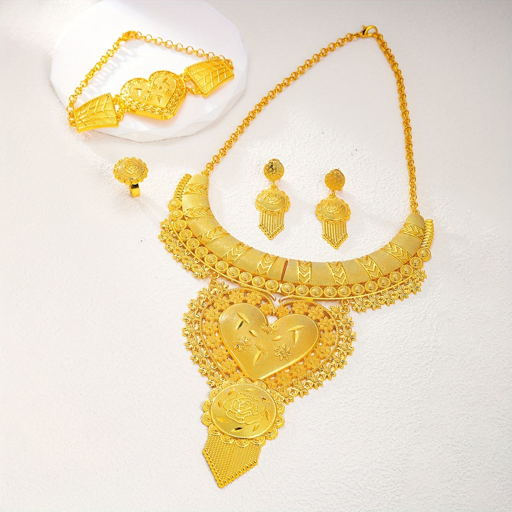 5pcs Earrings Necklace Bracelet Plus Ring Luxury Jewelry Set 18k Gold Plated Exaggerated Heart And Flower Design Stunning Party Accessories