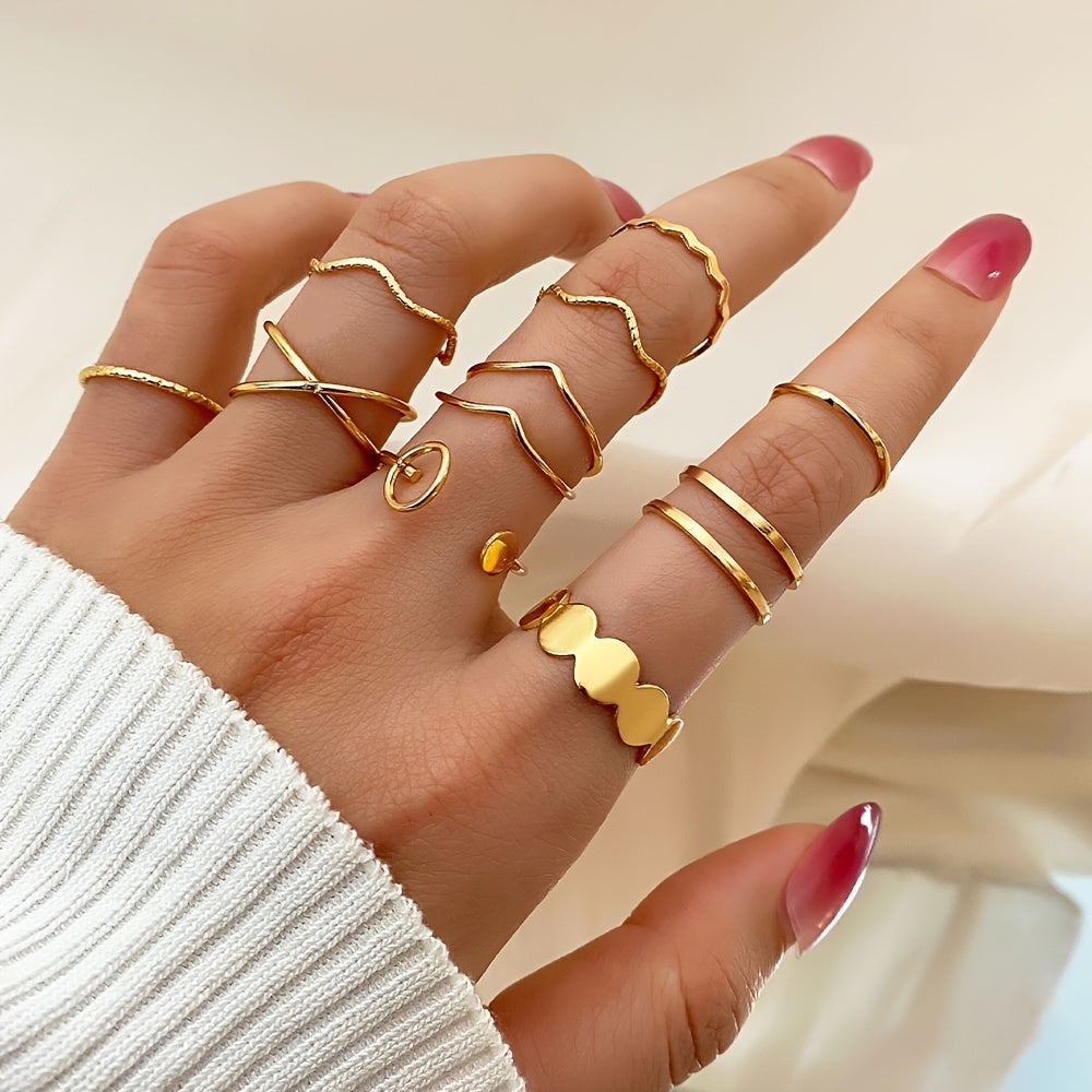 Complete Your Look with 10pcs Vintage Golden and Silvery Wavy Cross Circle Finger Rings Set for Daily Wear