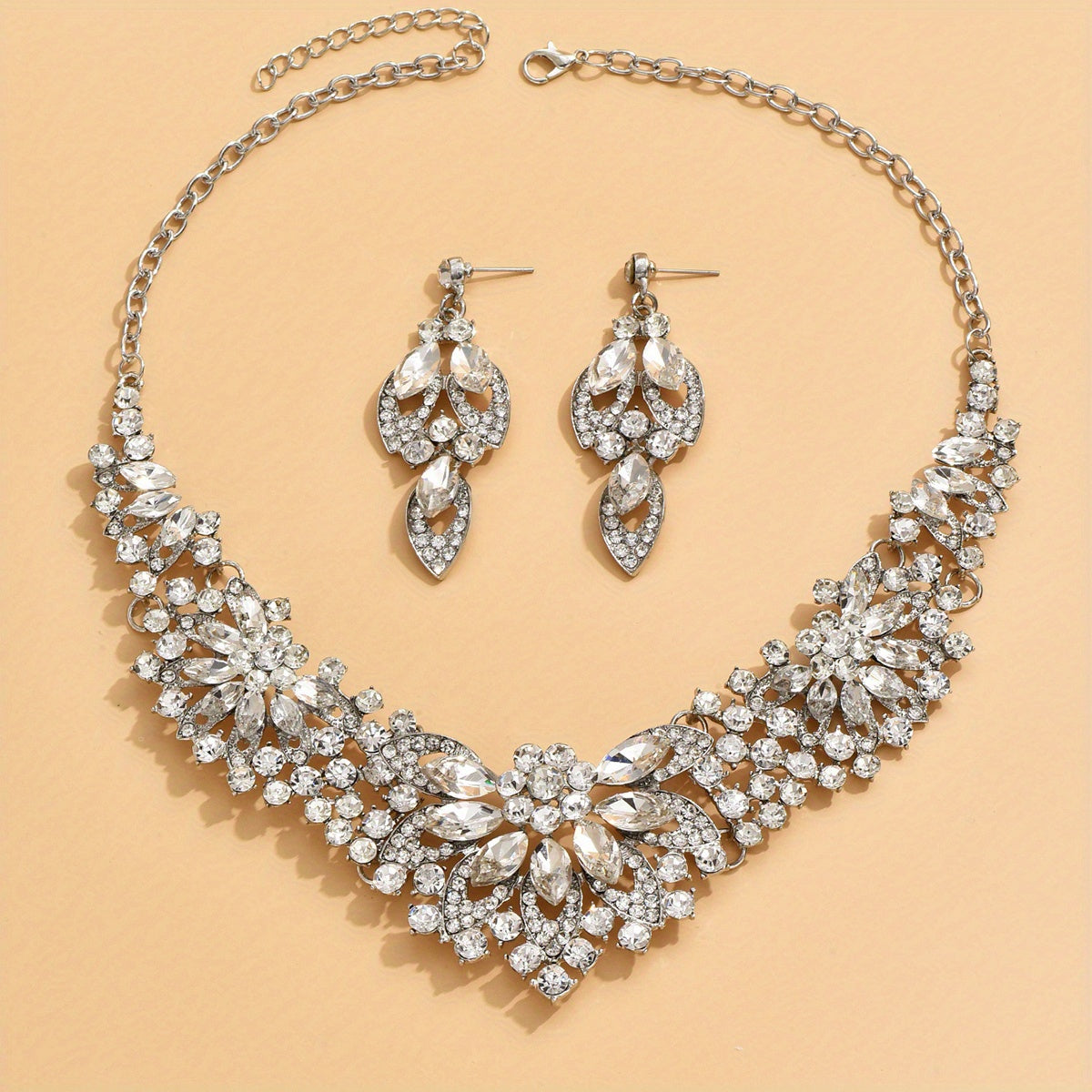 Elegant Crystal Jewelry Set for Weddings and Special Occasions - Chunky Pendant Necklace and Dangle Earrings with Sparkling Crystals