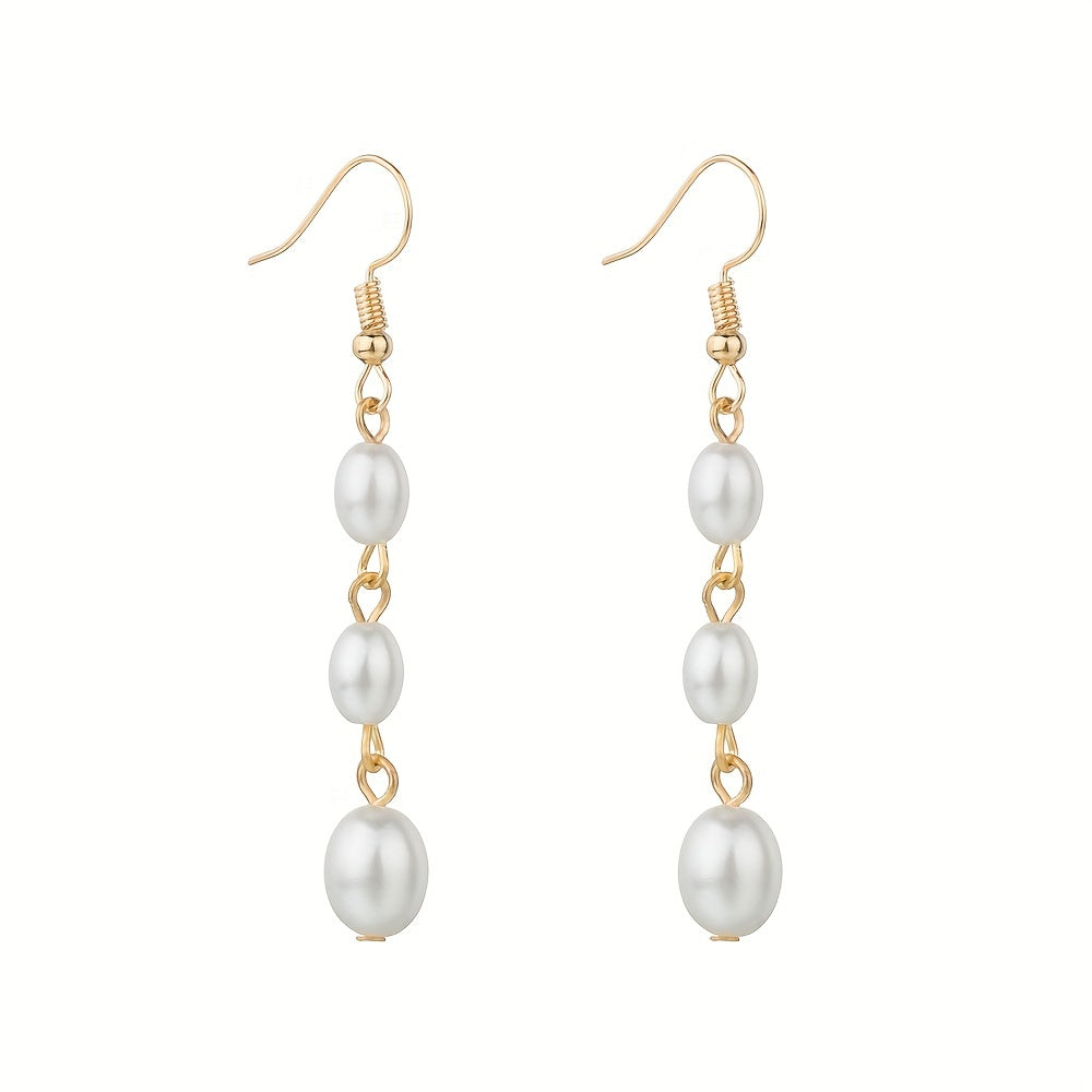 Exquisite Faux Pearl Decor Long Dangle Earrings Retro Elegant Style Plastic Jewelry Wedding Banquet Party Accessories