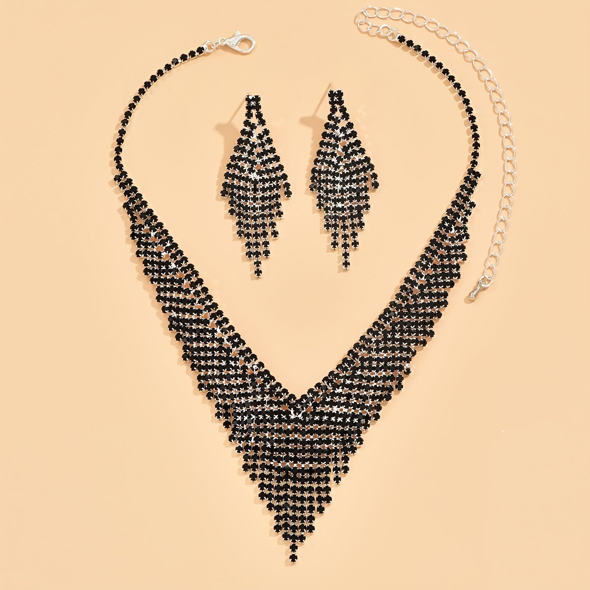 Women's Jewelry Black Rhinestone Tassel Necklace Earrings 2pcs/Set