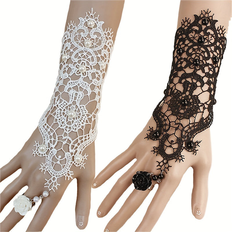 1pc Women Goth Rose Beads Flower Lace Hollow Out Glove Adjustable Ring Long Bracelet