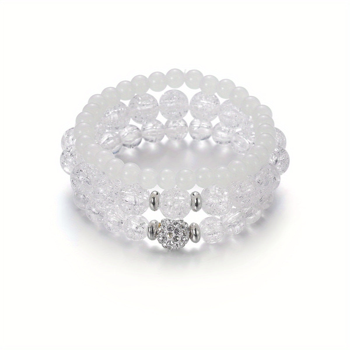 3pcs Glass Crackle Beads Ladies Bracelet Set White Transparency Beads Bracelets