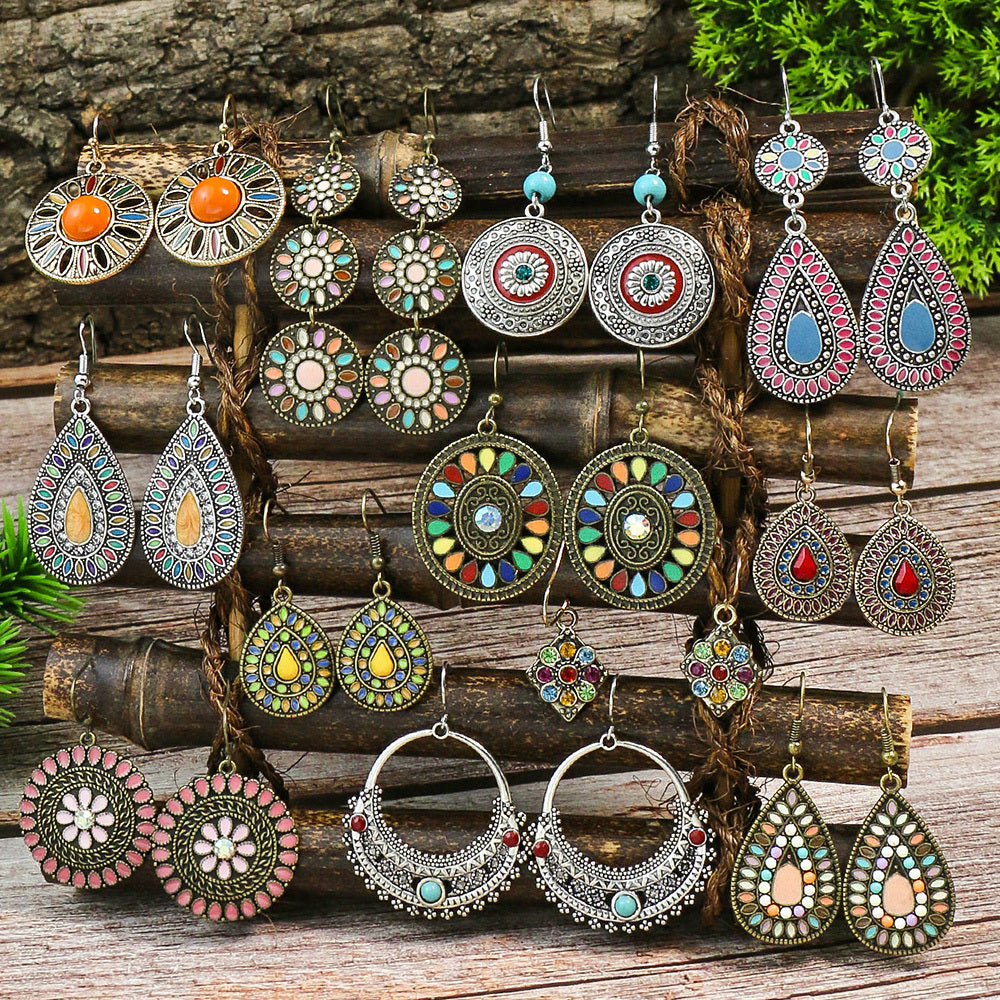 12 pairs Ethnic Style Women's Earrings Set - Multi-colored Round and Drop-shaped Flowers with Turquoise and Rhinestone Pendants
