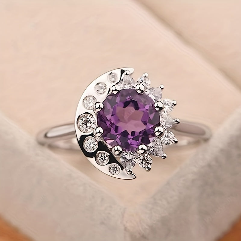 Fashion Promise Ring Inlaid Purple Zircon Held By Shining Zircon Engagement Wedding Ring