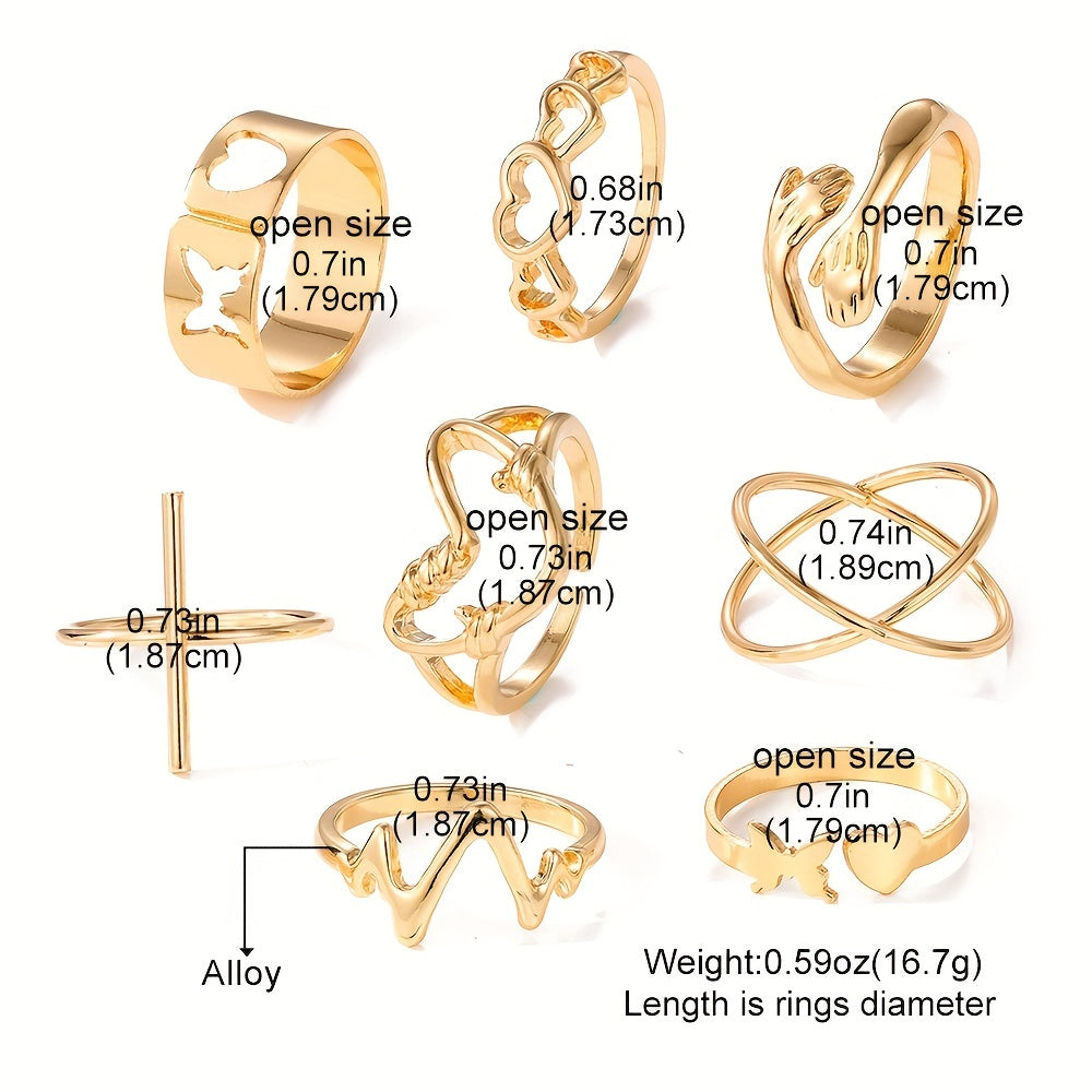 Y2k Punk Vintage Ring Set In Heart, Cross, Hug Shapes Geometric Chain Finger Rings For Party