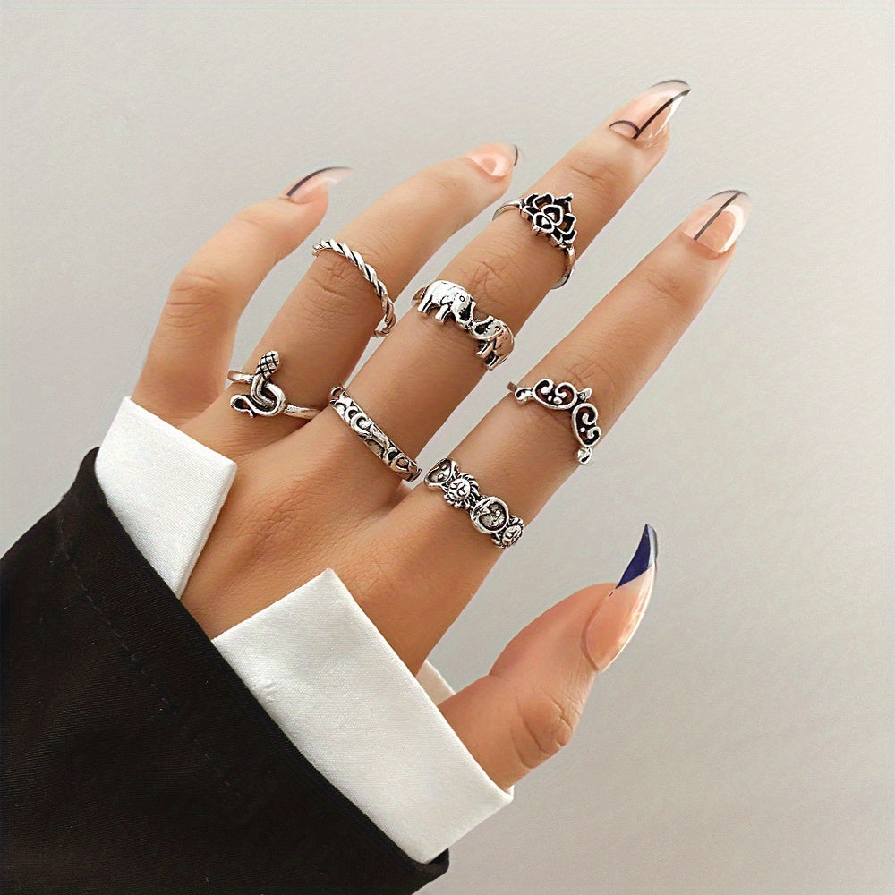 Complete Your Vintage Look with our 9-Piece Silver Wing Heart Star Letter Rhinestone Ring Set - Adjustable and Heart Shaped Jewelry for a Perfect Fit!