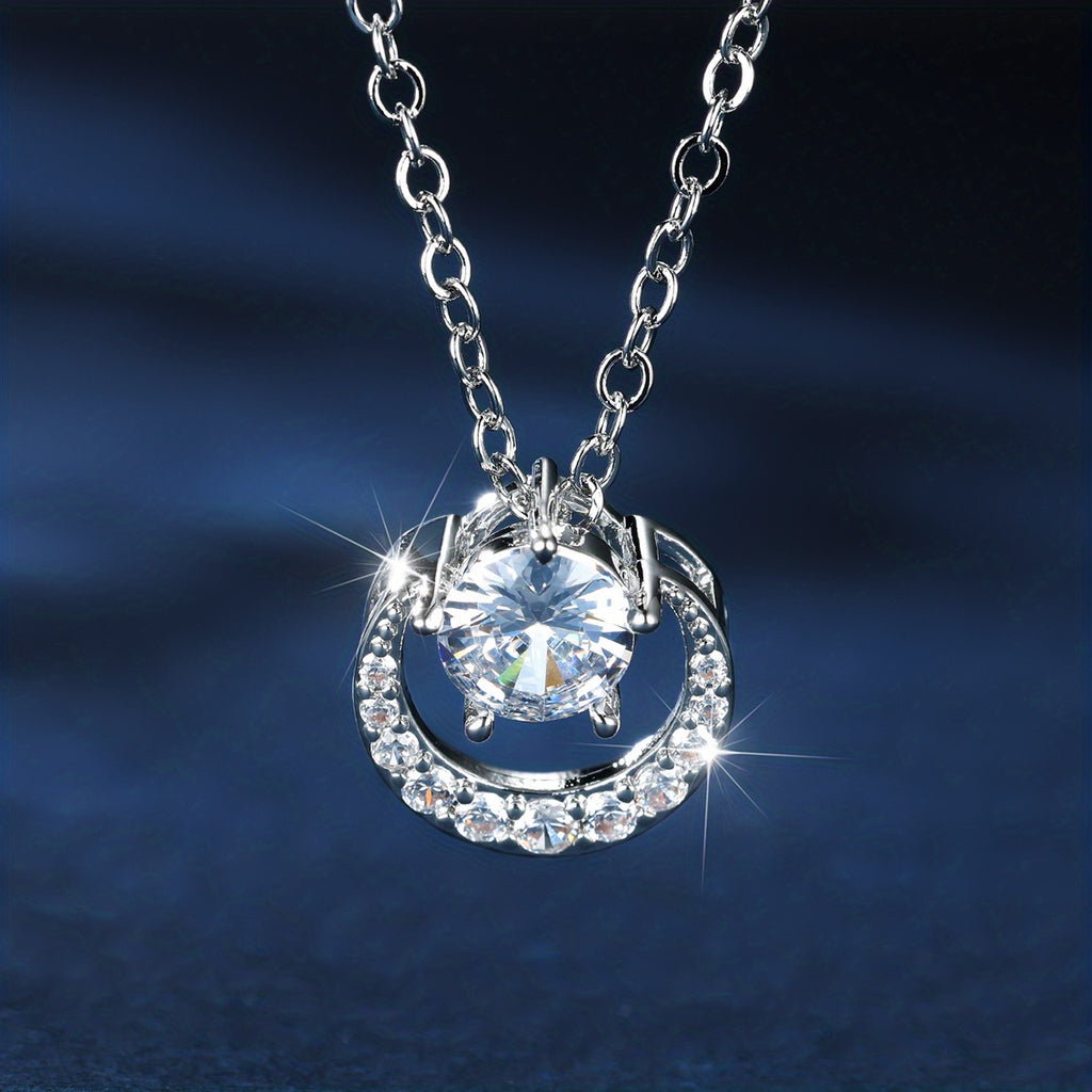 Rhinestone Moon Pendant Necklace Elegant Cubic Zircon Decor Round Charm Necklace For Women Girls
