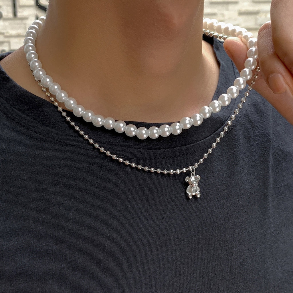 1 Piece Men's Simple Bear Pendant Pearl Multilayer Beaded Necklace