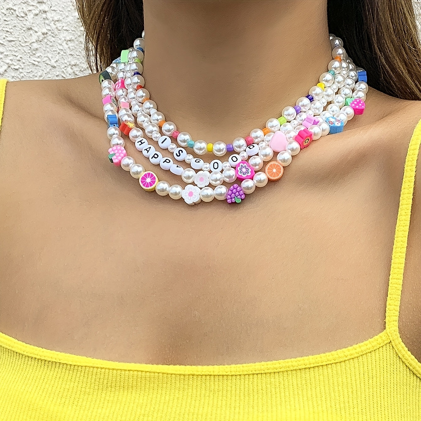 4pcs/Set Pink Strawberry Soft Pottery Letter Faux Pearl Beads Multilayer Necklace (Fruit Love Flower Color Flower Type Random)