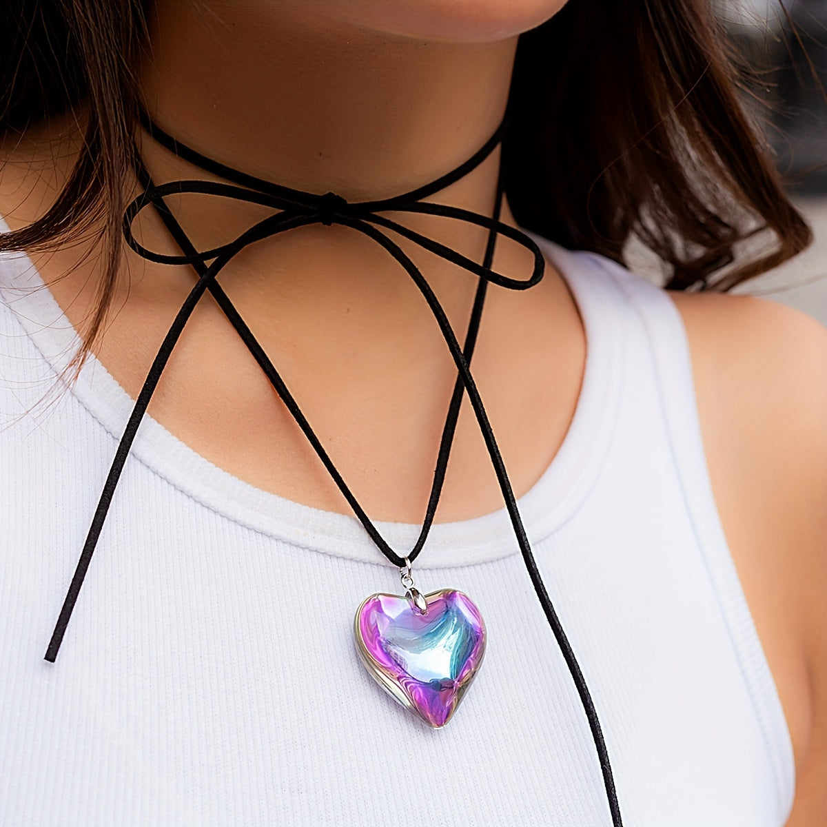 Gorgeous Colorful Love Heart Pendant Necklace - Adjustable Size & Black Velvet Strap