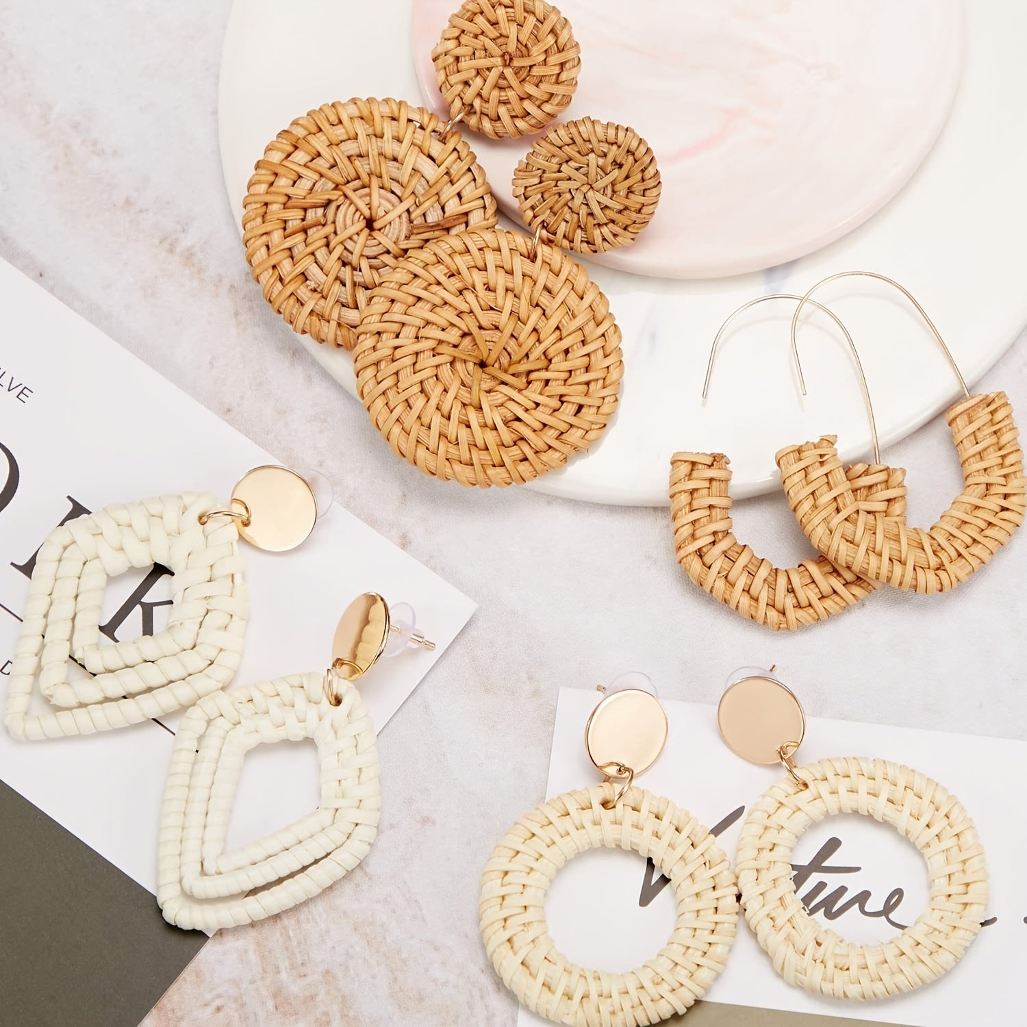1 Pair / 4 Pairs / 9 Pairs Rattan Earrings Straw Earrings Woven Bohemian Earring Handmade Wicker Braid Hoop Drop Earring For Women Girls
