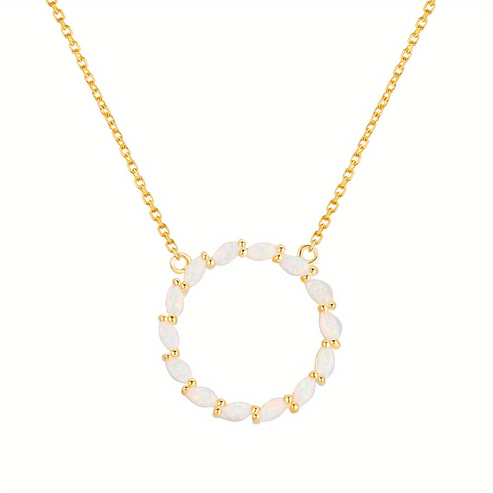 18K Gold Plated Hollow Circle With Opal Pendant Necklace, Simple Minimalist Style Neck Decoration For Girls