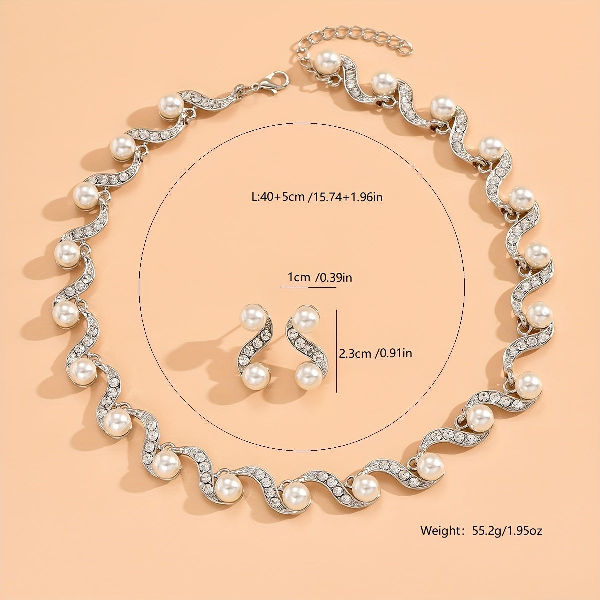 Make a Statement on Your Big Day with this Bridal Jewelry Set - Wave Shape Choker Necklace and Drop Earrings with Inlaid Faux Pearls, Perfect for Prom Party