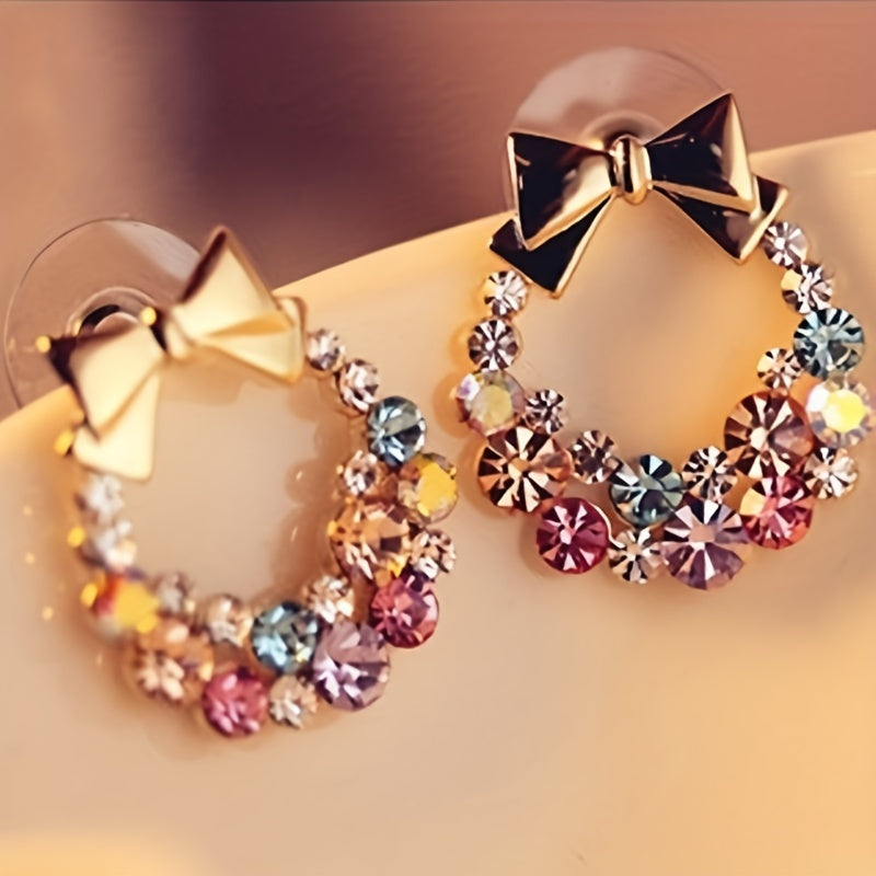 Shiny Colorful Rhinestone Bowknot Big Hoop Earrings Retro Exquisite Geometric Shape Ear Jewelry