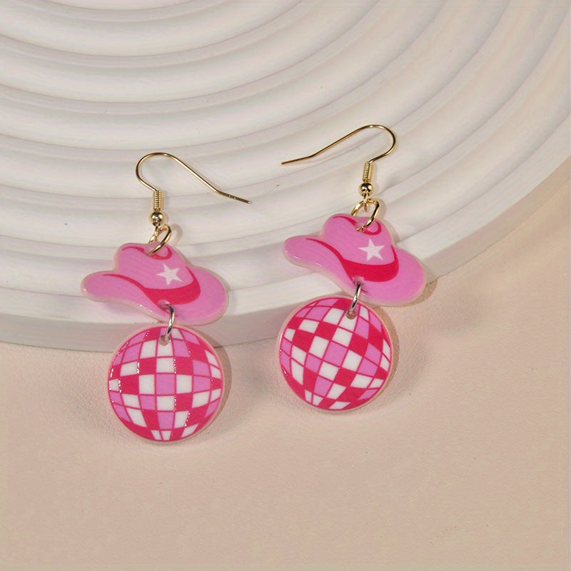 1 Pair Western Cowboy Style Acrylic Earrings Pink Hat Boots Balloon Mushroom Butt Hook Earrings For Barbie Pink Y2K Jewelry Accessories