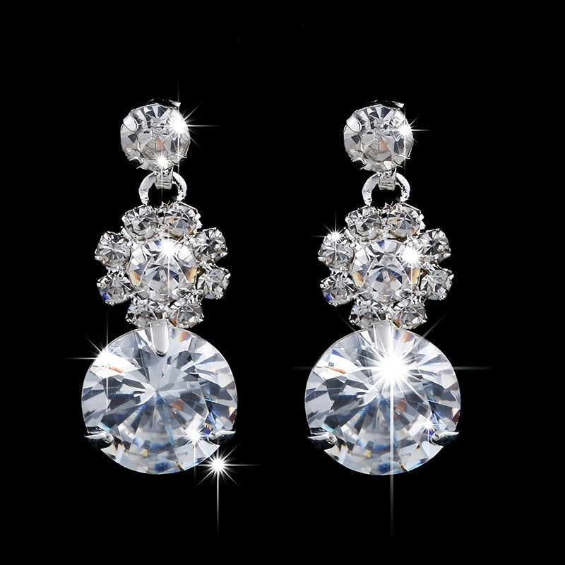 Elegant Flower-Shaped Rhinestone Jewelry Set with Shiny Round-Cut Zircon Pendant Necklace and Dangle Earrings - Perfect for Weddings, Proms, and Special Occasions