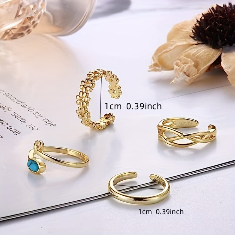 4pcs Toe Rings Set Adjustable Open Toe Rings Turquoise Celtic Knot Flower Thin Band Rings Summer Beach Foot Jewelry Set