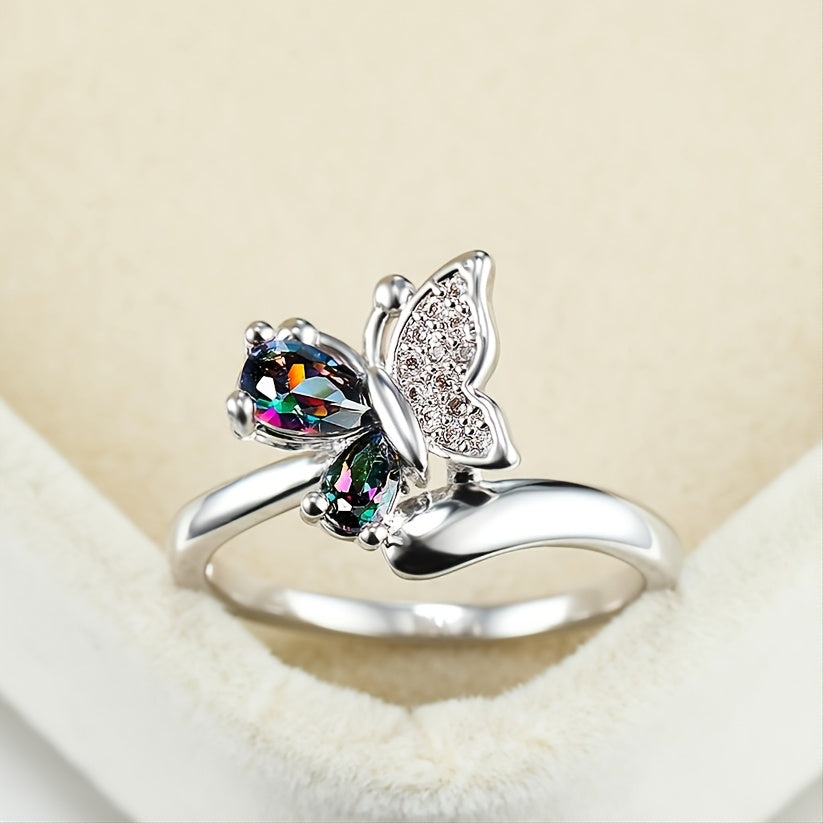 Gorgeous Platinum Butterfly Ring with Mystic Rainbow Zircon Crystals