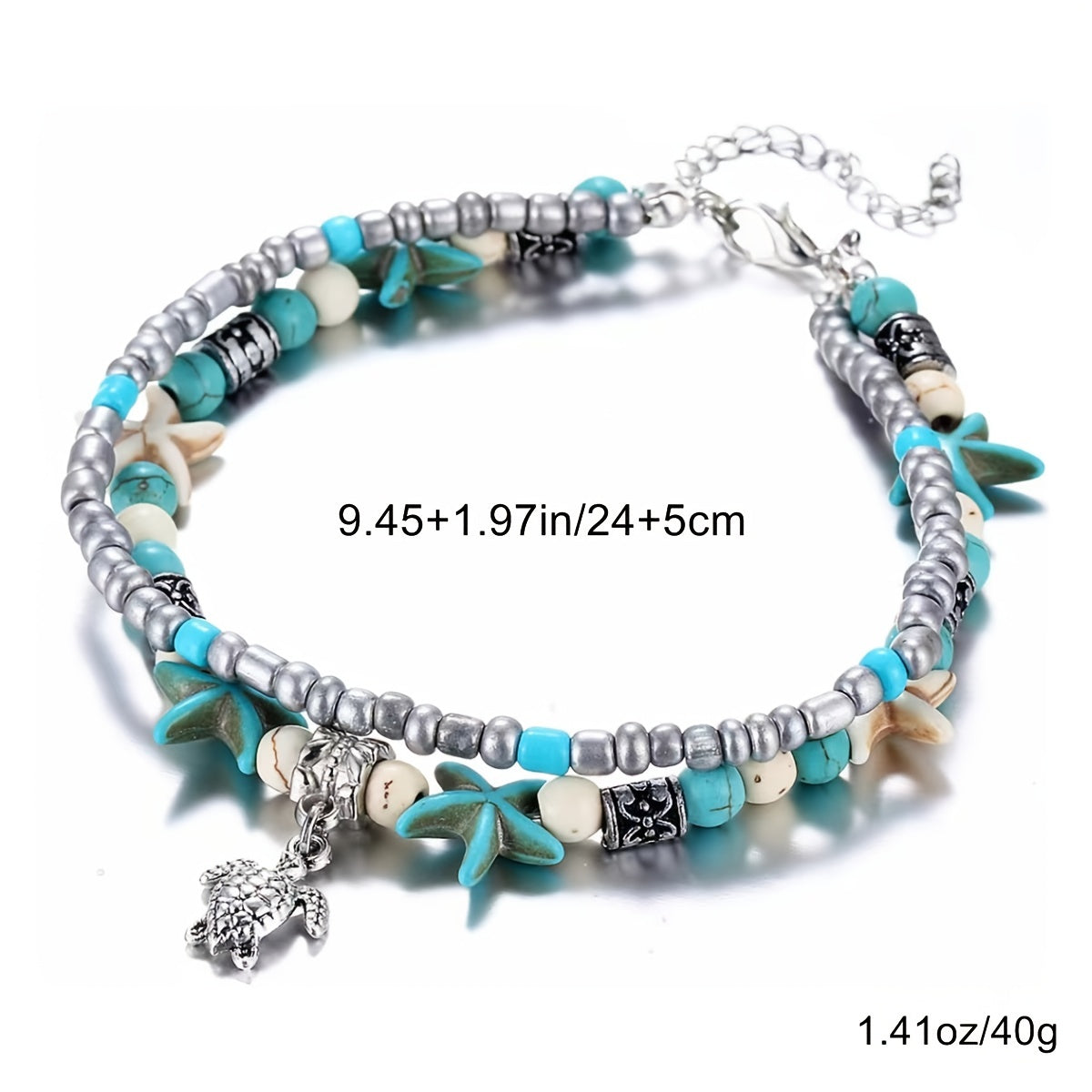 Add a Touch of Beachy Charm with our Colorful Beaded Anklet Chain - Featuring Starfish and Turtle Charms, Adjustable Size, Perfect for Women and Girls
