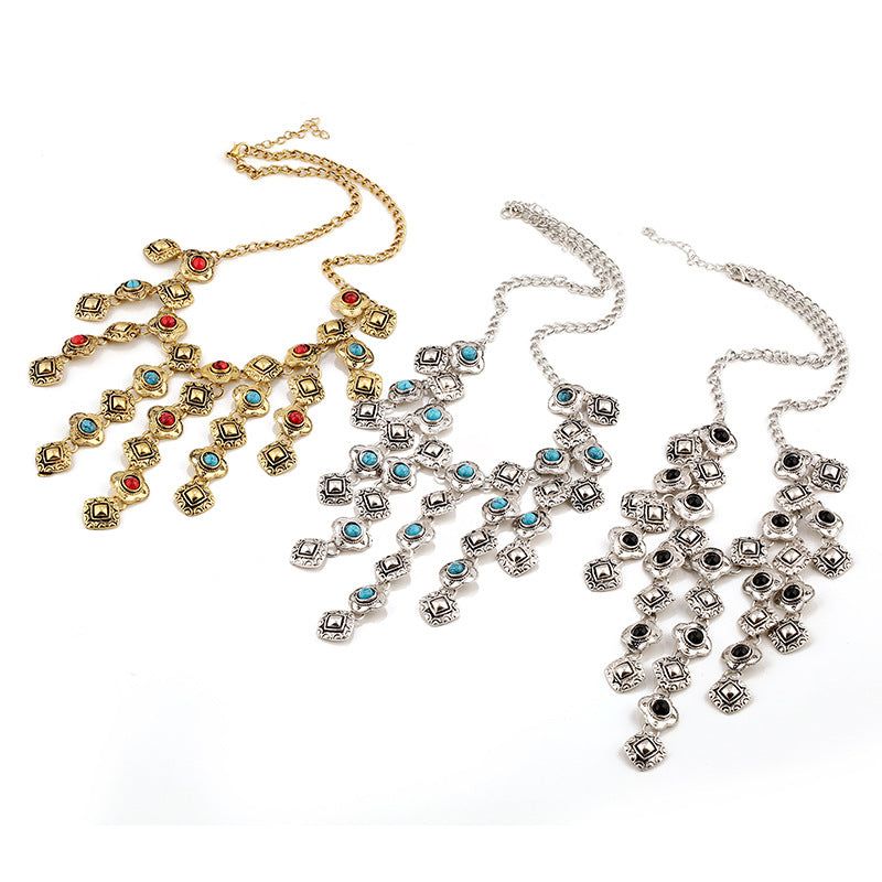 Vintage Carved Inlaid Faux Gemstone Tassel Necklace - Add a Touch of Elegance to Your Look!