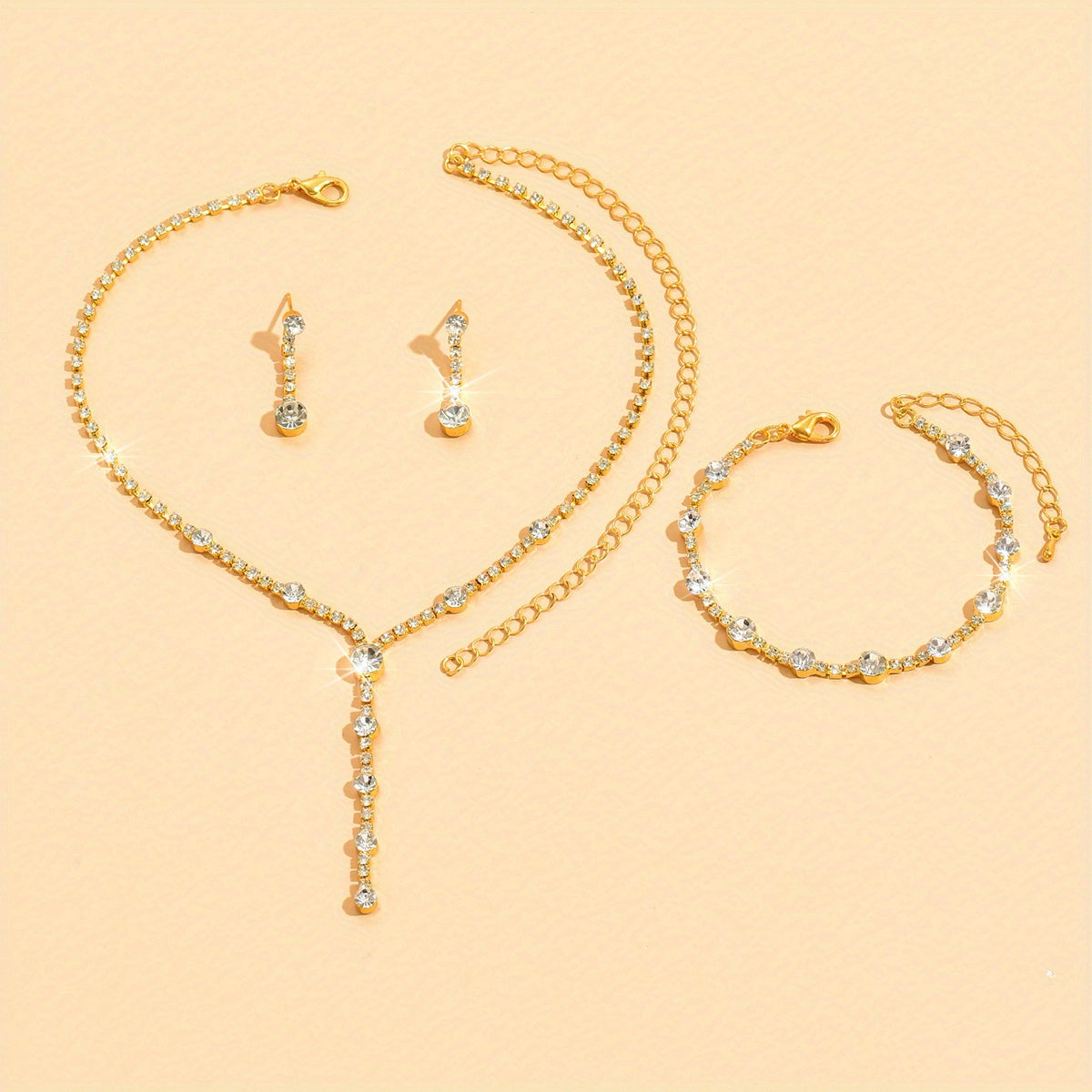 4pcs Necklace Earrings Plus Bracelet Elegant Jewelry Set Silver Plated Inlaid Rhinestone