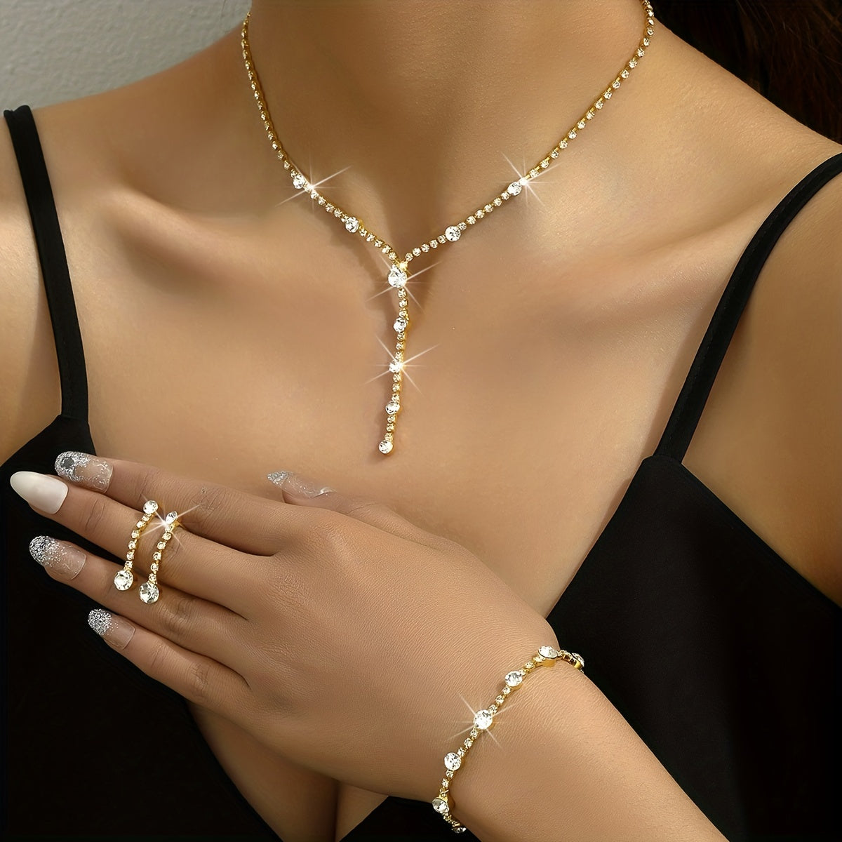 4pcs Necklace Earrings Plus Bracelet Elegant Jewelry Set Silver Plated Inlaid Rhinestone