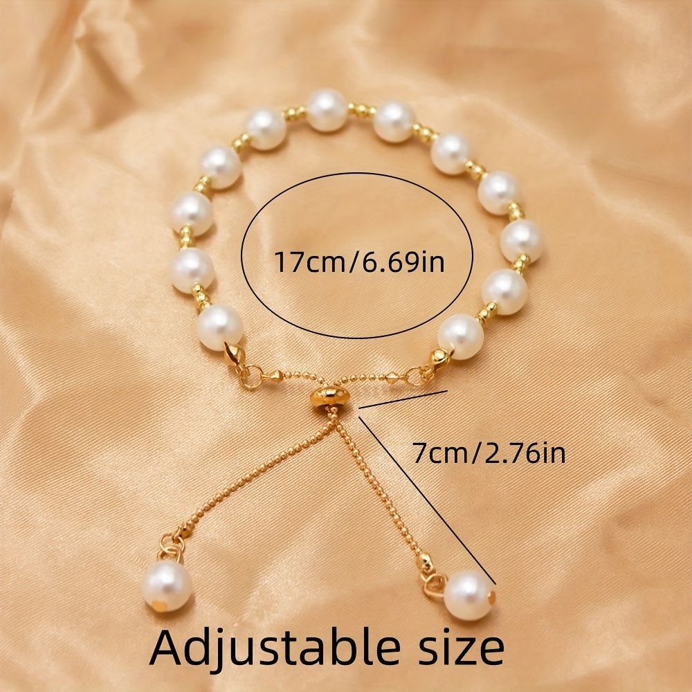 Faux Pearls Beaded Bracelet Adjustable Hand Jewelry For Women & Girls 1 Pc