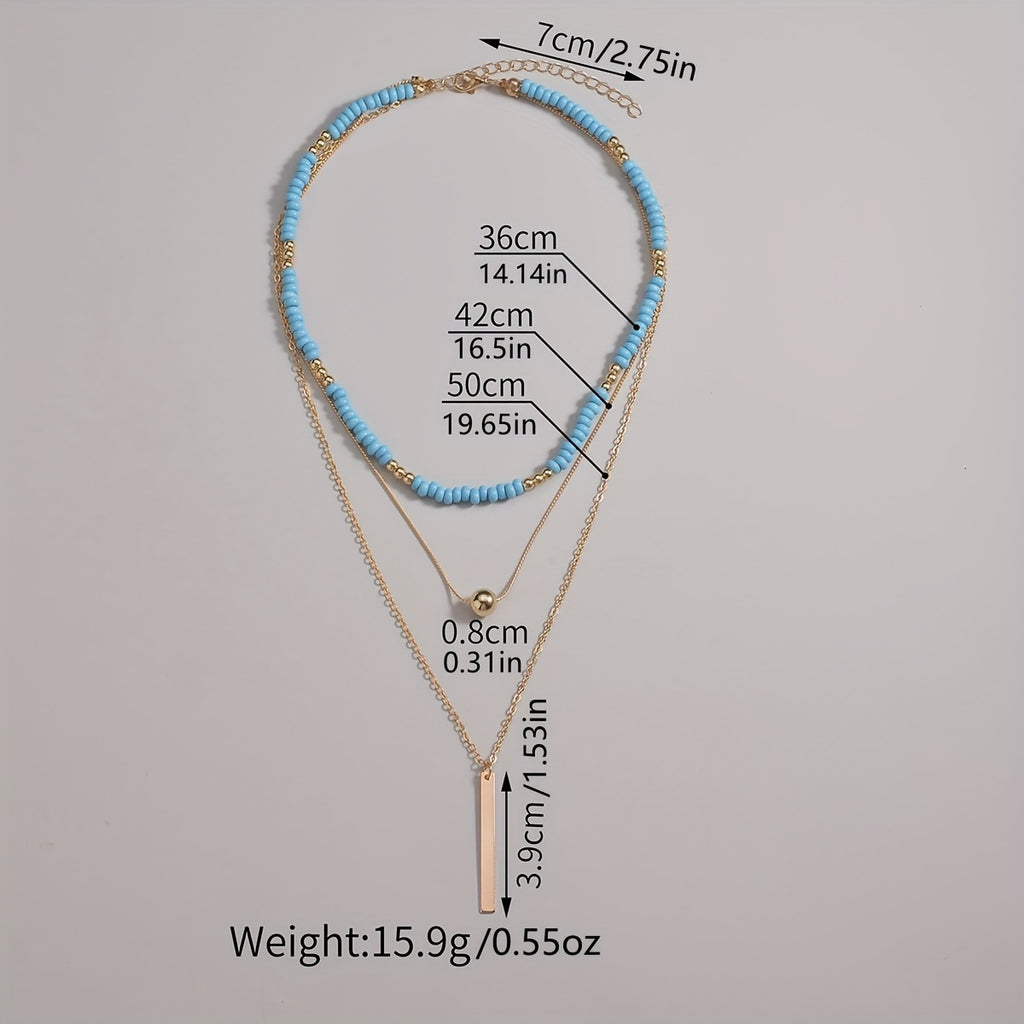Bohemian Layered Blue Beads Bar Pendant Women's Holiday Leisure Decor Necklace Jewelry Gift