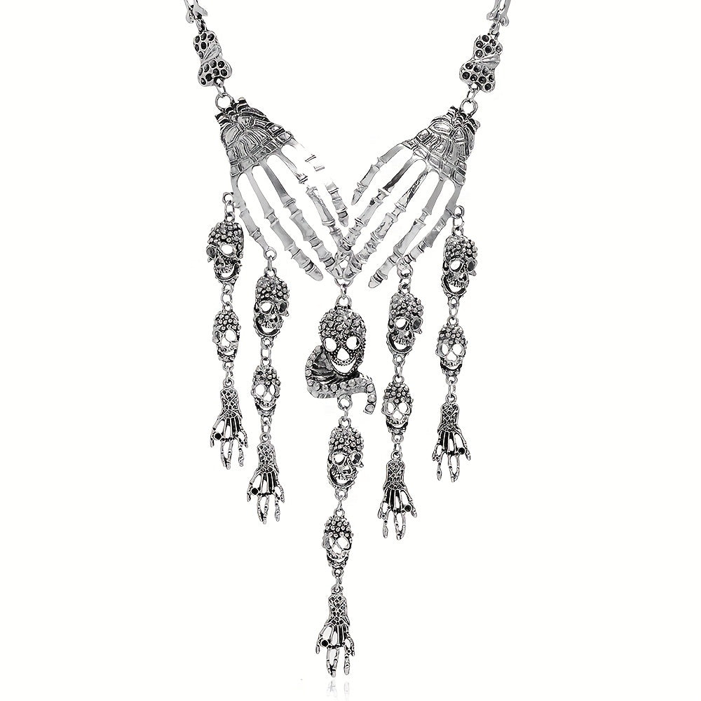 3pcs Earrings Plus Necklace Gothic Style Jewelry Set Trendy Skull Head And Skull Hand Design Golden Or Silvery Make Your Call Halloween Decor