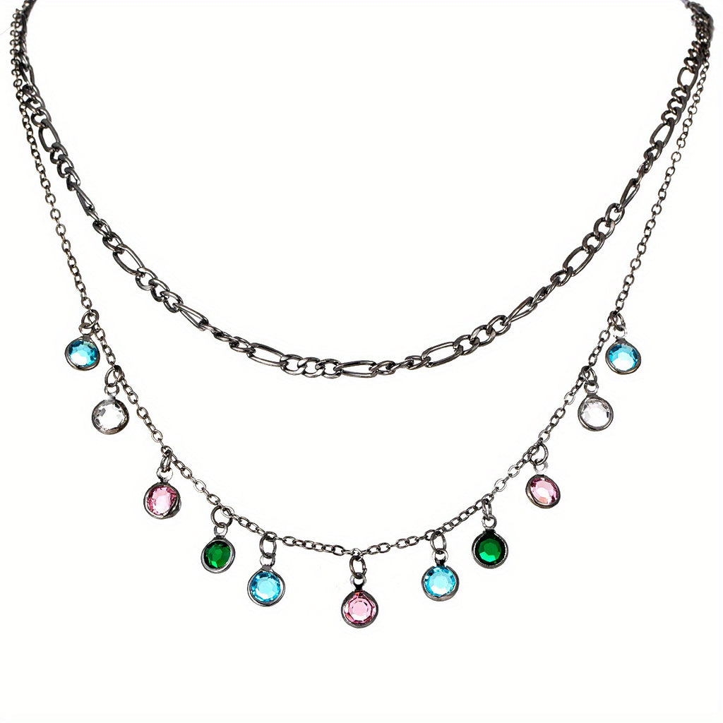 Colorful Crystal Stone Tassel Beads Double Layer Alloy Necklace For Women Girls Summer Holiday Ornament