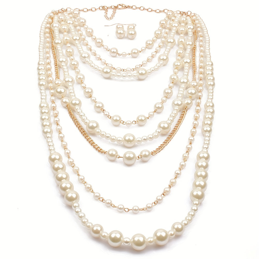 Boho Style Faux Pearl Jewelry Set for Women - Stylish Multilayer Necklace and Earrings with White Pearls