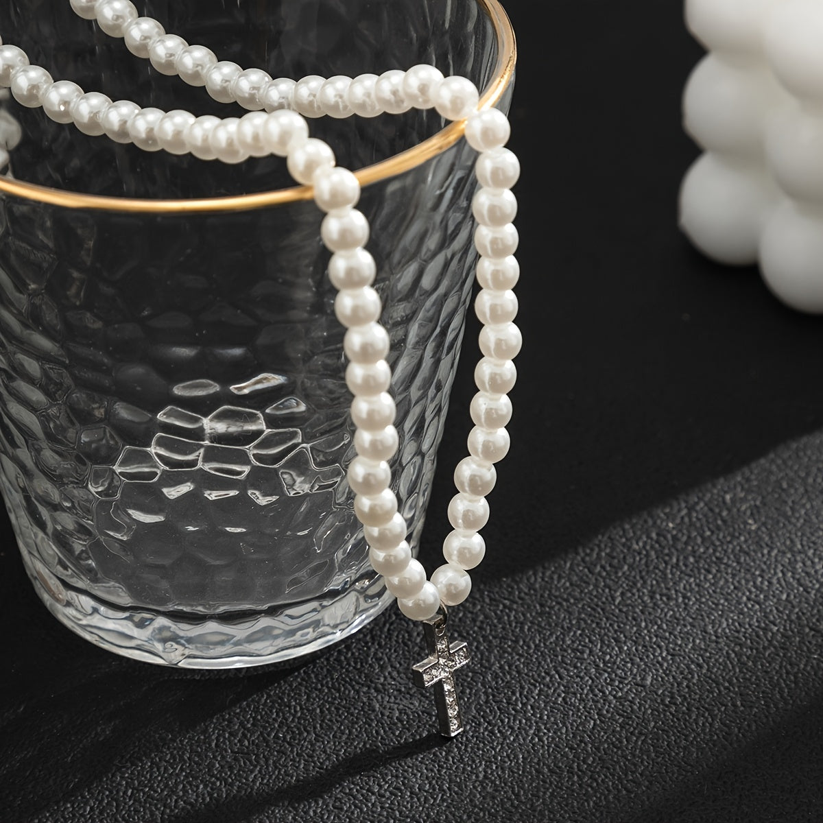 Add a touch of elegance to your outfit with our Men's Artificial Diamond Cross Pendant Pearl Necklace