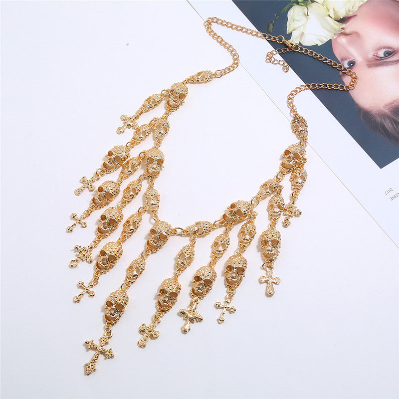 Make a Bold Statement with this Stylish Big Skull Cross Tassel Necklace