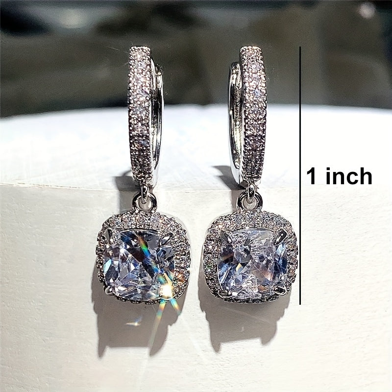 Elegant 4-Claw Zircon Dangle Earrings for Women - Copper Silver Plated, Perfect Gift Idea