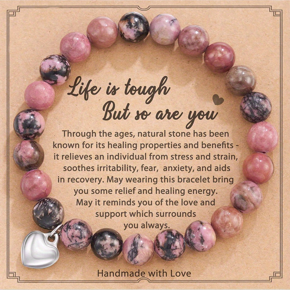 Inspirational Beaded Bracelet With Love Heart Pendant Energy Healing & Relax Anxiety Jewelry Gift With Card
