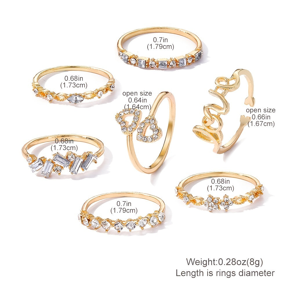Shine Bright with our 7pcs Golden Rhinestone Love Joint Ring Set - Perfect Stylish Decoration Accessories for Women