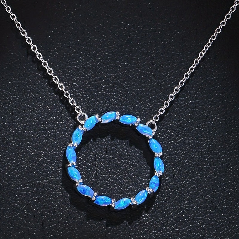 18K Gold Plated Hollow Circle With Opal Pendant Necklace, Simple Minimalist Style Neck Decoration For Girls