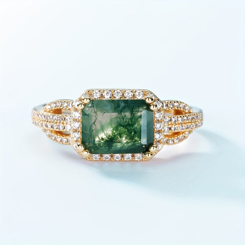 925 Sterling Silver Ring Inlaid Moss Agate 14k Gold Plated High Quality Jewelry For Female Party Accessory Perfect Birthday Gift For Yourself