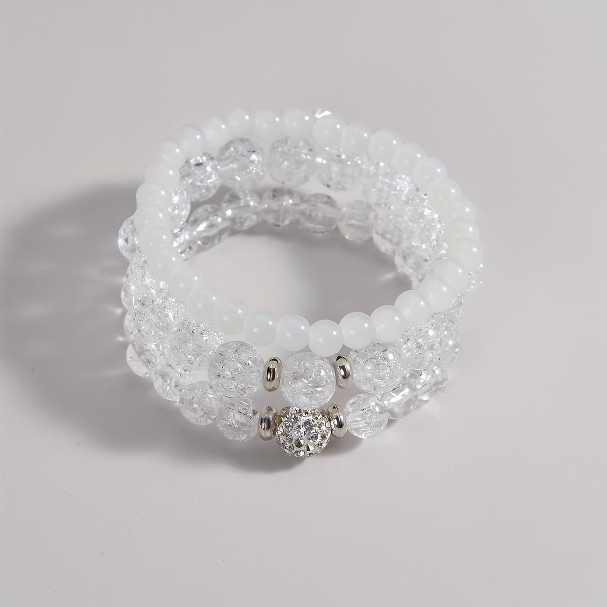 3pcs Glass Crackle Beads Ladies Bracelet Set White Transparency Beads Bracelets