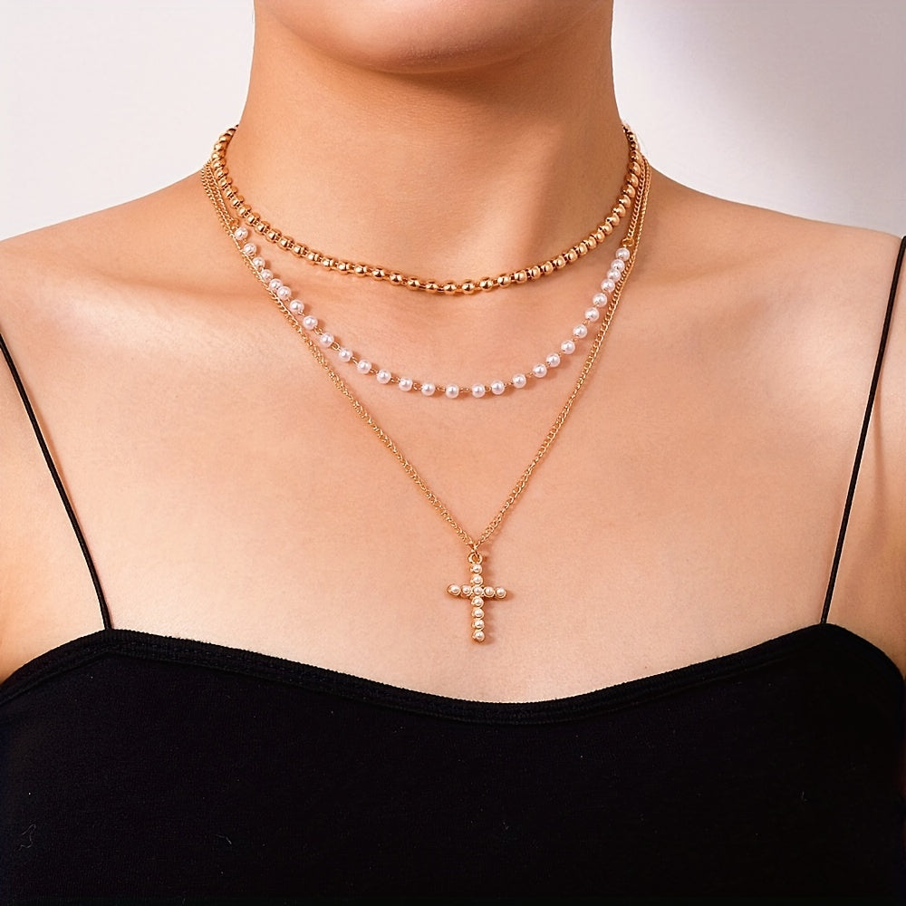 Punk Style Alloy Cross Pendant Multilayer Stacking Necklace Unisex Neck Jewelry For Women Girls